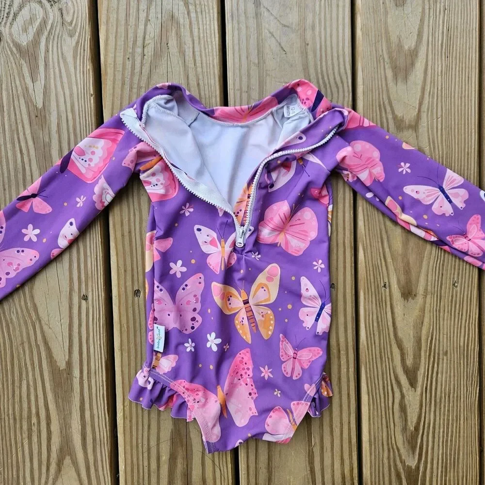 Baby Girl Butterfly Print One Piece Swimsuit & Hat Set 12-18M Ruffle Purple